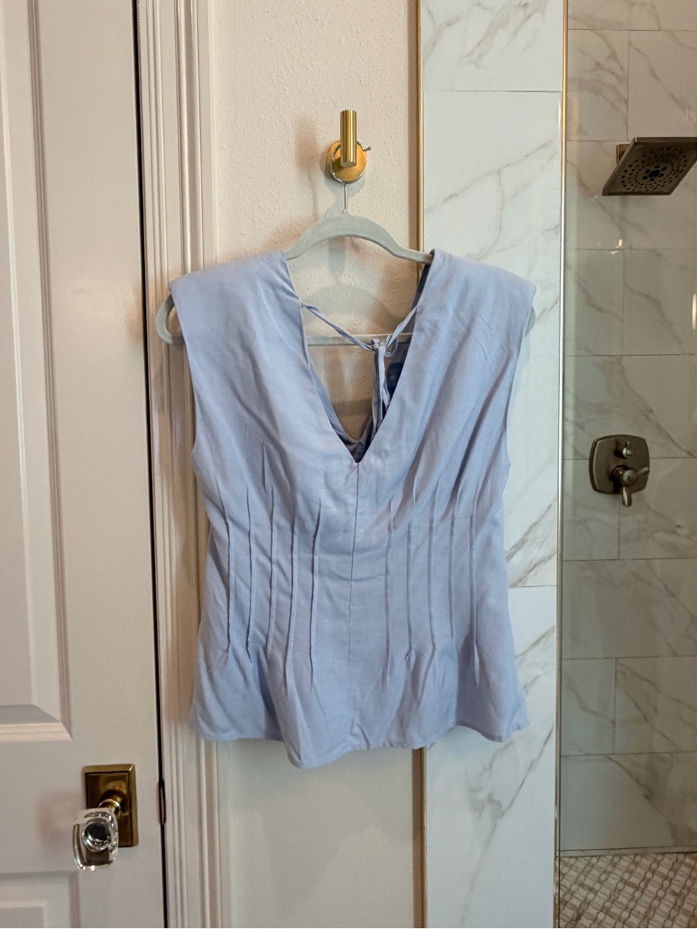 Sleeveless V-Neck Pleated Light Blue Blouse